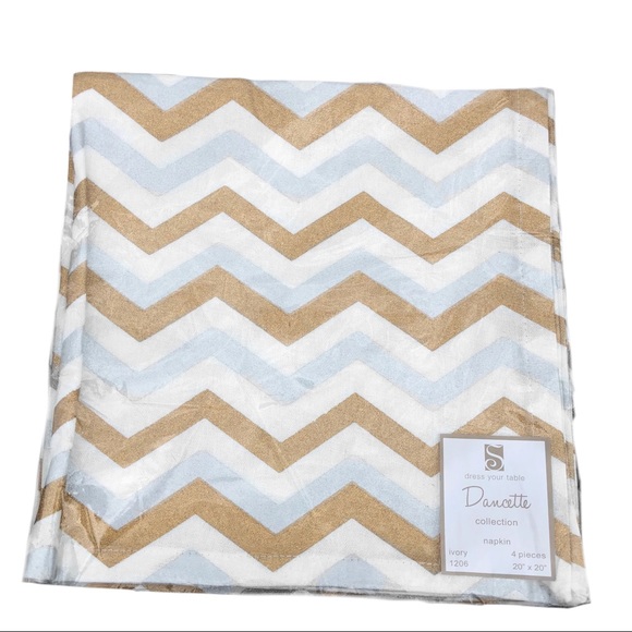 4 Dinner Napkins Set Linen Chevron Gold Silver 20” - Picture 5 of 8